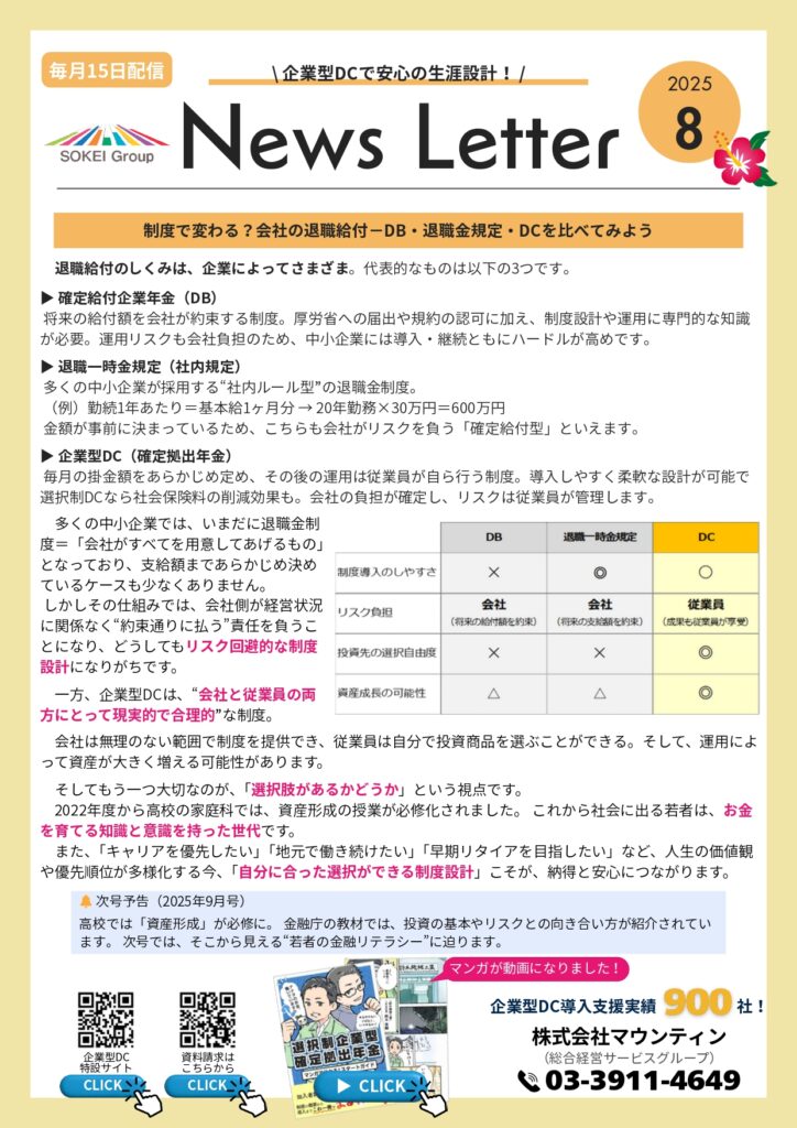 企業型DCニュースレター 2025年8月号。テーマは「制度で変わる？会社の退職給付──DB・退職金規程・DCを比べてみよう」。 確定給付企業年金（DB）、退職一時金規程、企業型DC（確定拠出年金）の3つの仕組みを比較し、それぞれの特徴やリスク負担の違いを解説。 企業型DCは「会社と従業員の双方にとって合理的な制度」であり、制度設計において「選択肢があるかどうか」が重要なポイントと紹介。 紙面には制度比較の表、次号予告（9月号は資産形成が必修化に関連したテーマ）、マンガ動画案内、QRコード、導入支援実績900社の案内と連絡先が掲載されている。